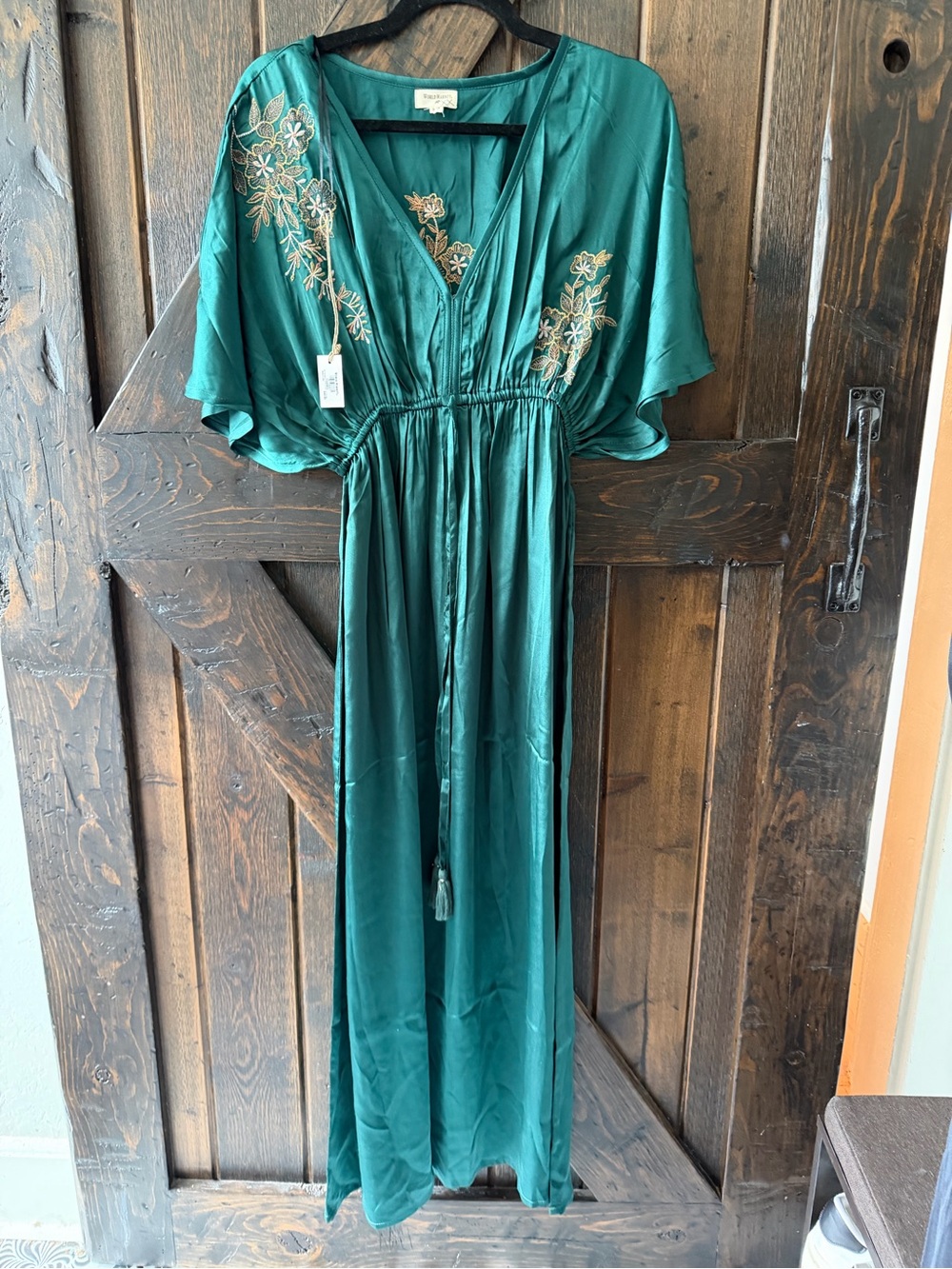 NWT World Market Satin Teal Maxi Ethereal Embroidered Dress With Synch Waist S/M